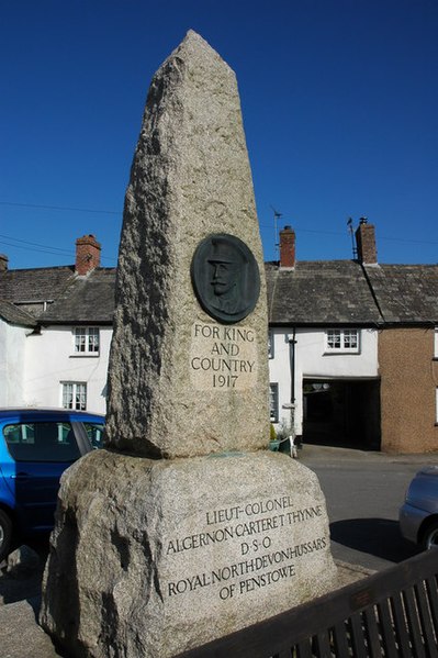 War Memorial in Kilkhampton War memorial in the centre of Kilkhampton to Lieut-Colonel Algernon Carteret Thynne who was killed in 1917