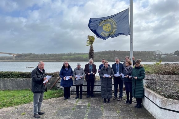 Torridge Council Commonwealth Day - Left to Right - Chair Cllr Doug Bushby, Cllr Rachel Clarke, Bideford Mayor Cllr Jude Gubb, Cllr David Brenton, Officers Sean Kearney, Staci Dorey, David Heyes, Adrian Blight (by Flag Pole), Sarah Ayres, Kirsty Brown.