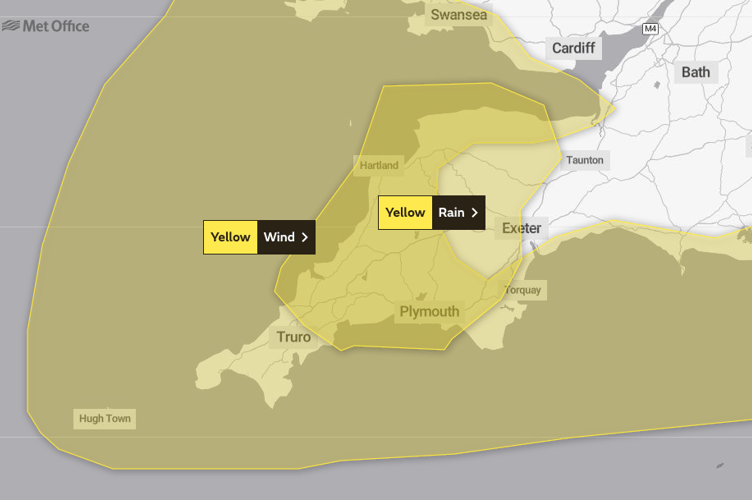 A map showing areas affected by Met Office Yellow weather  warnings for Cornwall