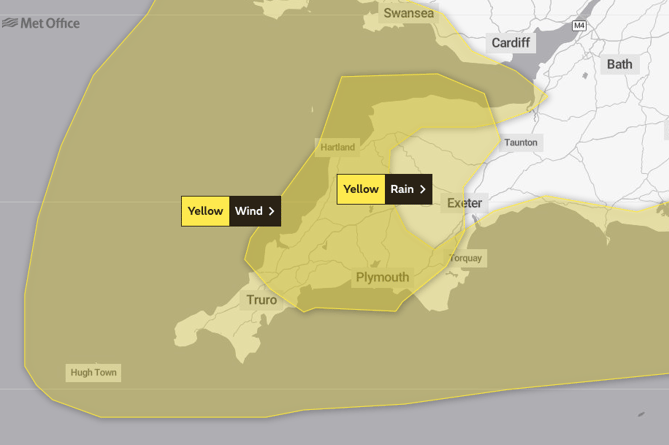 A map showing areas affected by Met Office Yellow weather  warnings for Cornwall