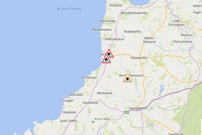 Red and amber warnings have been put in place for the Bude and Stratton area 