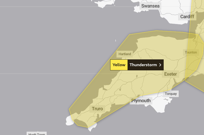 Yellow thunderstorm warning for Cornwall