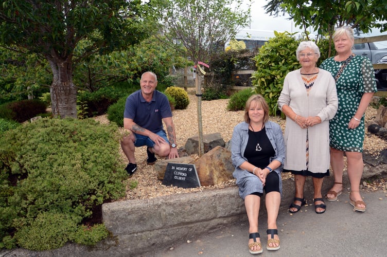 Pictured at the memorial tree planting for the late Clifford Gilbert, who in his long association with Holsworthy AFC raised thousands of pounds for his beloved Magpies, are from left Tony Gilbert (son), Katherine Jack (daughter ), Sarah Shadrick (daughter) and mother Sylvia Gilbert