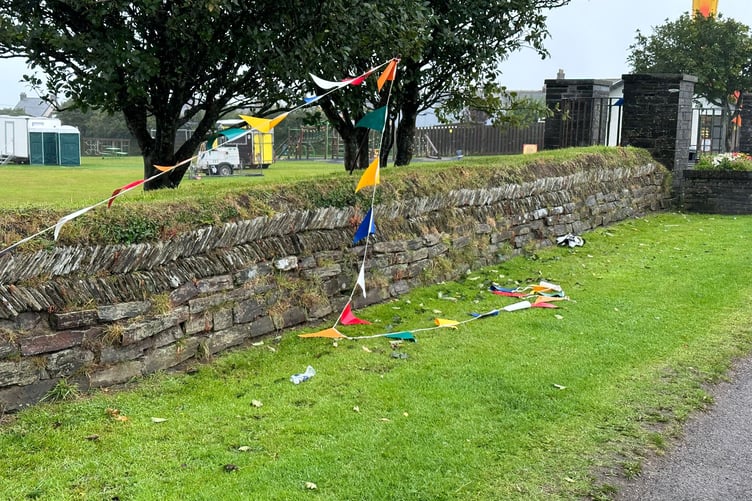 Fallen bunting at the site of the now-cancelled Delabole Carnival