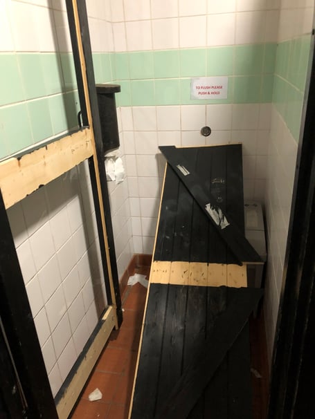 One of the vandalised cubicles at the Priory Park toilet facility
