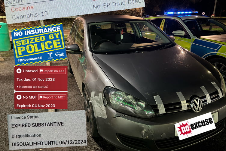 The Volkswagen Golf covered in tape and seized by officers in Wadebridge, Cornwall.Photo released March 5 2024. See SWNS story SDWMRtape. A drug has been arrested after their car was found to be held together - by gaffer tape.The Volkswagen Golf was covered in tape and seized by officers in Wadebridge, Cornwall.Cops found the driver was on drugs, disqualified, uninsured and the car did not have a recent MOT.Devon and Cornwall Police tweeted:  ''Golf caught our attention for no particular reason 
. Driver found to be disqualified, positive roadside test for cocaine, uninsured and the vehicle expired MOT and VEL - other than that
..! Seized and driver arrested. #NoExcuse #Fatal5.''