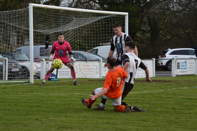 Holsworthy goalkeeper Ryan Chadwick, pictured earlier in the season against Camelford, made some decent saves at Penzance.