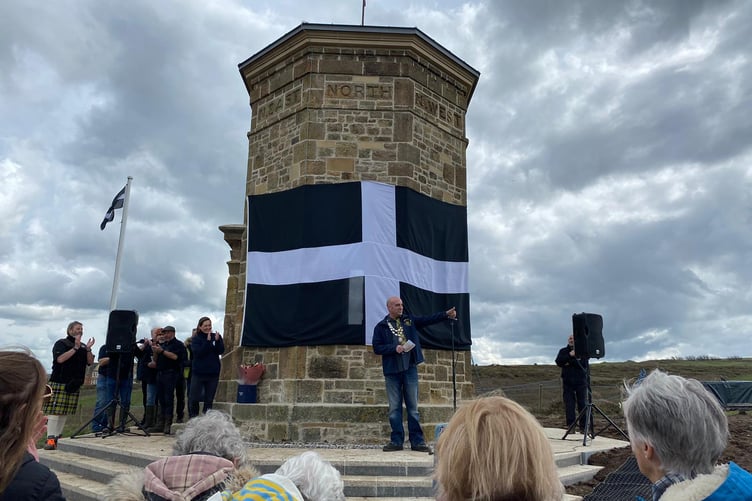 Bude-Stratton mayor Cllr Mike Dawe officially announces the Storm Tower at Compass Point 'open'