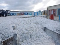 Storms engulf Bude beaches with sea foam