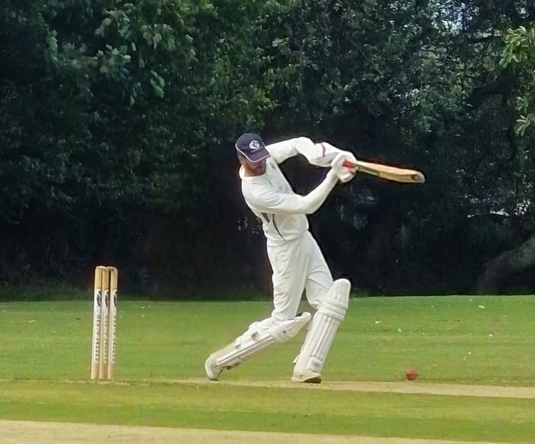 Gunnislake's hard-hitting all-rounder James Boundy aims a shot down the ground during his rapid knock of 54 against Roche Thirds on Saturday. Picture: Gunnislake CC