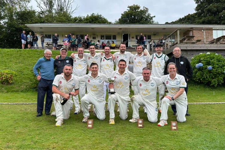 Beacon's players and officials celebrate their victory at Falmouth on Saturday. Picture: Beacon CC