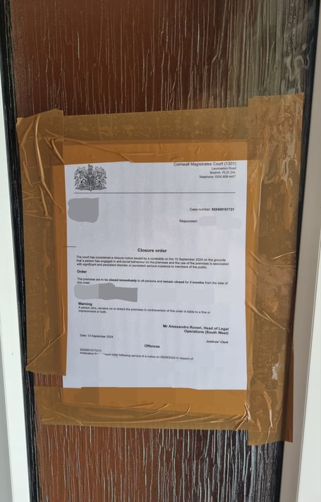 The closure order attached to the door of a property in Bodmin (Picture: Devon and Cornwall Police)