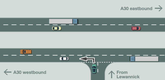 The proposal at the Two Bridges rest area would see the right turn from Lewannick onto the A30 eastbound carriageway banned