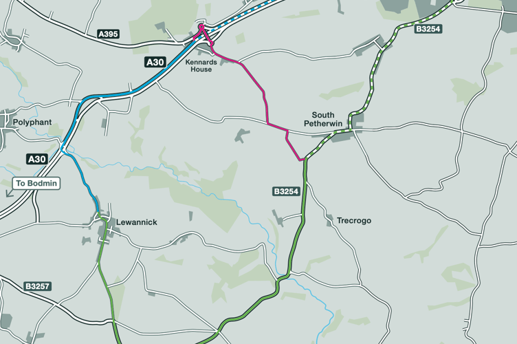 Blue line (Existing route to Kennards House), Blue dotted line (Existing route to Launceston), Green line (Proposed new route - all vehicles), Green dotted line (Proposed new route to Launceston and access to A30 eastbound - all vehicles),
Pink line (Proposed new route to Kennards House for access to A395 - all vehicles)