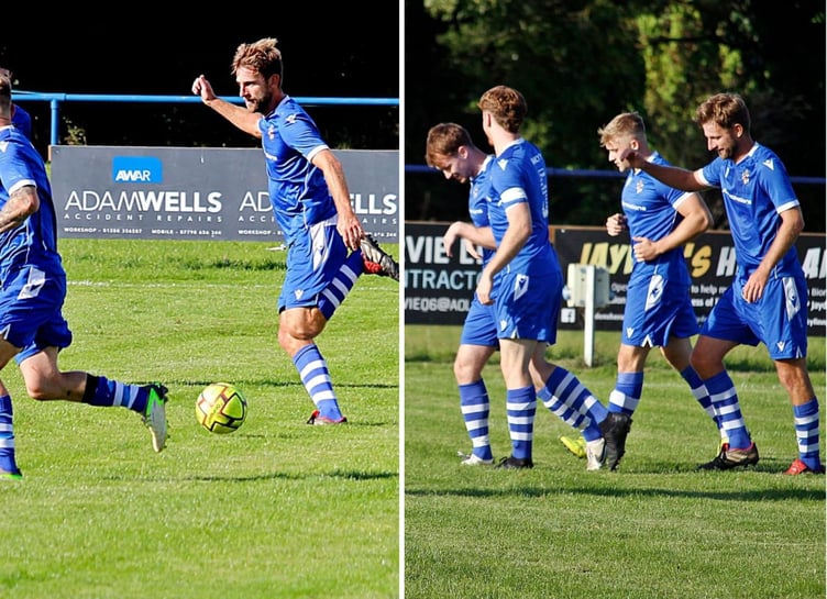 Left: Man of the match Joe Reeve drives forward, while right, the Seasiders celebrate Benj Bryant's (far left) fabulous second. Pictures: Chris Pointer