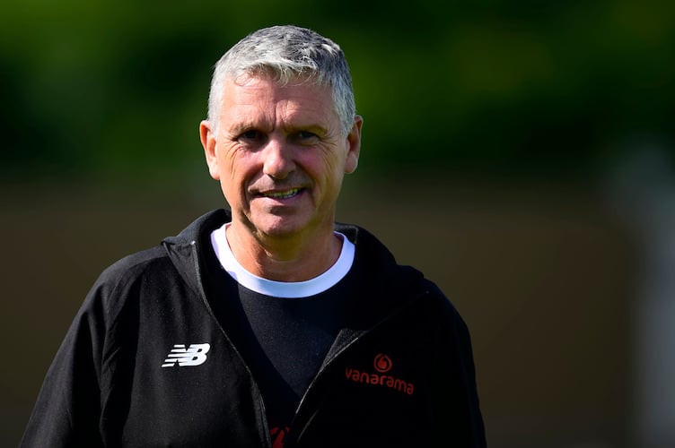 John Askey, Manager of Truro City during the Emirates FA Cup 2nd round qualifying tie match between Truro City and Brackley Town at Truro Sports Hub on 14 September 2024  Photo: Phil Mingo/PPAUK