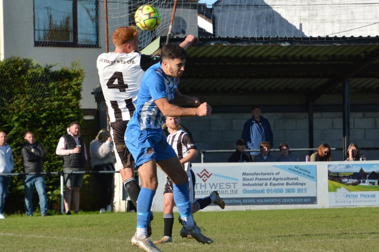 Holsworthy defender Ollie Moores (4) was the home man of the match against Cullompton Rangers on Saturday. Picture: Rodney Parrish
