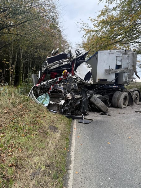 The wreckage of the lorry after colliding with a tree in Hallworthy. (Picture: Launceston Community Fire Station)