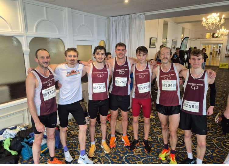 Some of Newquay and Par's athletes at the Falmouth Mob Match including winner Blake Williams and runner-up Tom Morton. From left: Mark Knight, Tom Morton, Blake Williams, Jack Nancarrow, Kyran James, Simon Williams and Dylan Stevens. Picture: Newquay and Par AC.