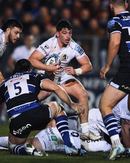 Exeter Chiefs hooker Dan Frost looks to find a way through the Bath defence during their Gallagher Premiership clash