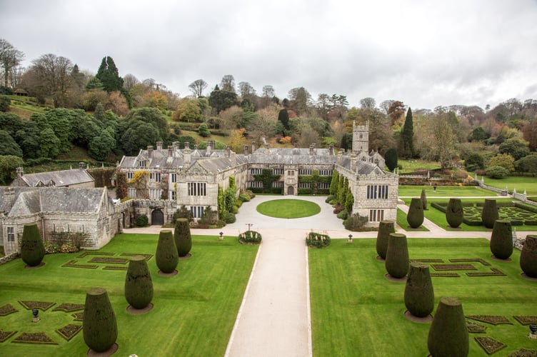 View of the house and garden from a cherry picker at Lanhydrock, Cornwall
