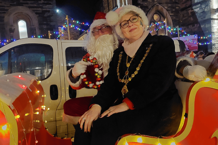 Mayor of Launceston, Cllr Helen Bailey with father Christmas at the town's light switch on