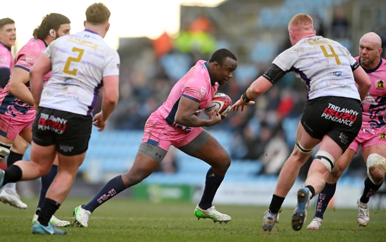 Kwenso Blose in action for the Exeter Chiefs during their Premiership Rugby Cup clash with the Cornish Pirates at Sandy Park