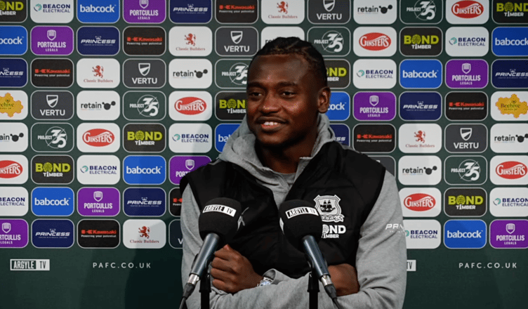 Plymouth Argyle striker Mustapha Bundu addresses the media following his side's 5-1 win over Millwall