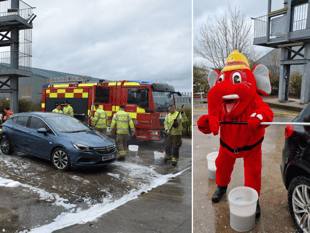 Firefighters swap burning blazes for messy motors at charity car wash