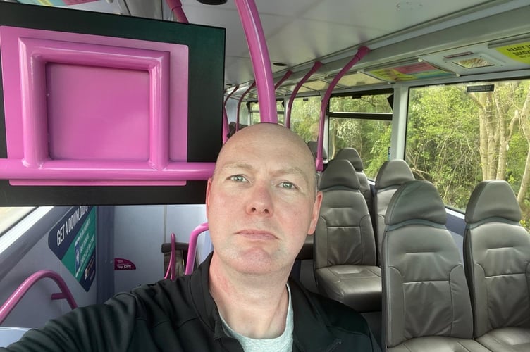 Photo released April 29 2025. A man is travelling over 800 miles from Cornwall to Scotland in just eight days- by only using buses. James White, 42, from Richmond, south-west London, made the decision to do the 49-bus journey in September last year while on a trip to Cornwall. After spotting that Lands End had a bus stop, he wondered if there was another at the other end of the country in John O'Groats, Scotland. James started planning immediately after having the idea, and continued plotting the route every night after work until he finally booked it in February. 
