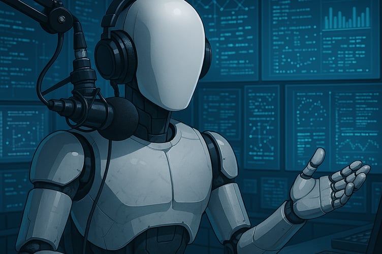 AI image of a faceless droid in a radio studio of algorithms.