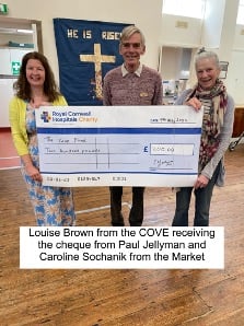 Louise Brown from The Cove Macmillan Centre at Treliske receiving a cheque from Paul Jellyman and Caroline Sochanik from money raised for local charities ad good causes by the Launceston Community Market