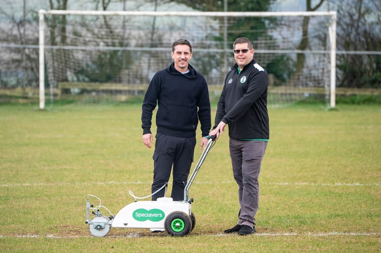 Former Manchester United and England defender Gary Neville (left) has teamed up with Specsavers for the Best Worst Pitch campaign, a project offering practical financial relief to 50 struggling grassroots football teams