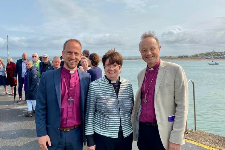 New Bishop of Crediton Moira Astin with Bishop of Exeter Mike Harrison, right, and Bishop of Plymouth James Grier