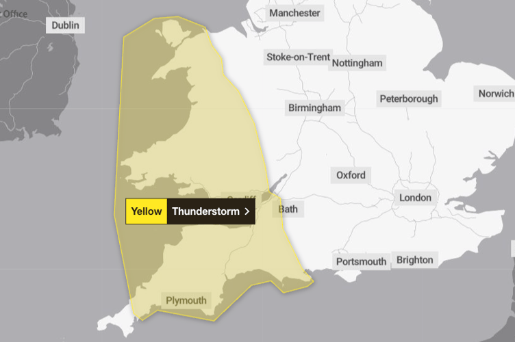 The Met Office has issued a yellow thunderstorm warning for the south west to begin at midnight tonight (June 11)