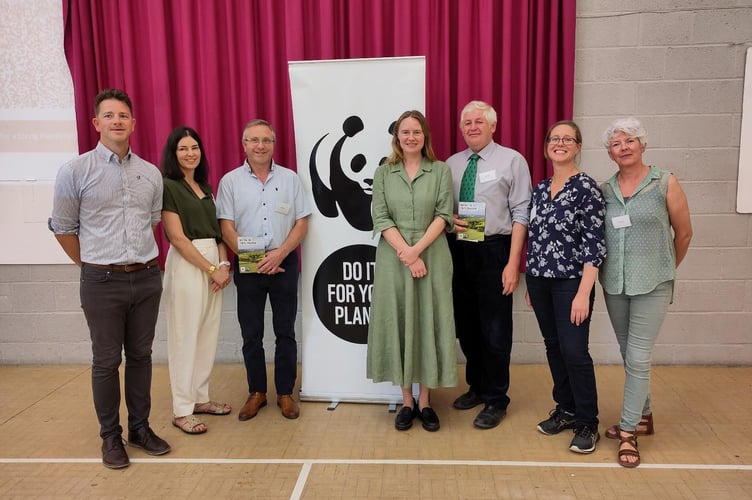 Pictured (from left to right): Daniel Rubio, WWF; Sofia Parente, WWF; Andrew Brewer, Ennis Barton Farm; Anna Gelderd MP, South East Cornwall; Martin Howlett, Cornwall and Isles of Scilly Local Nature Partnership;  Lucy Jones, Cornish Food Box and Claire Wallerstein, Cornwall Climate Care