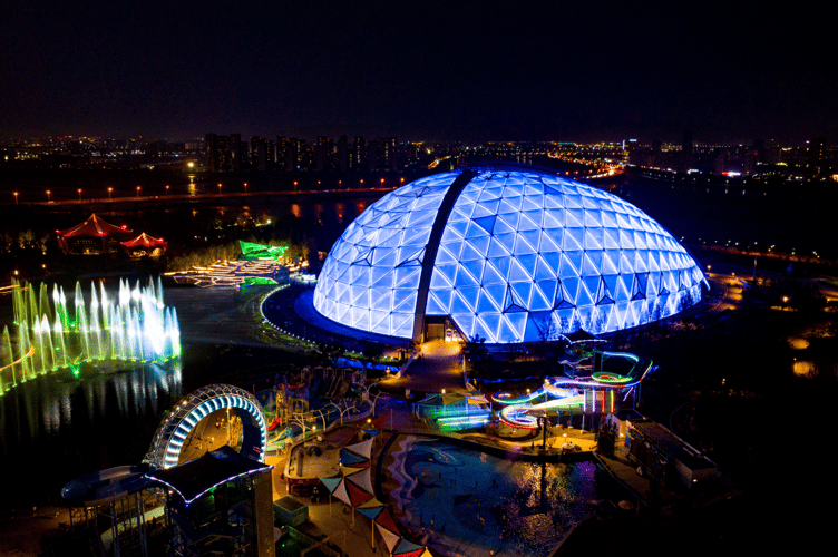 A night time view of the Storm Forest biome at Oriental Eden in Qingdao, China