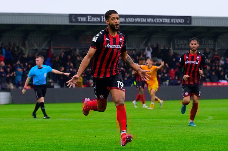Opening goal celebrations for Rekeil Pyke of Truro City during the National League match between Truro City and Boston United at Truro City Stadium on 30 August 2025  Photo: Phil Mingo/PPAUK
