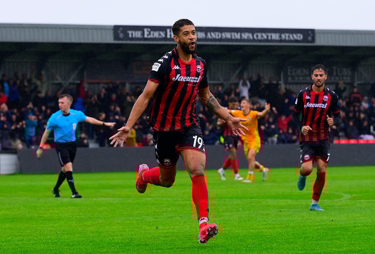 Opening goal celebrations for Rekeil Pyke of Truro City during the National League match between Truro City and Boston United at Truro City Stadium on 30 August 2025 Photo: Phil Mingo/PPAUK