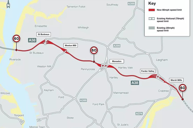 Graphic showing the plans for the A38 speed reduction on the Plymouth Parkway