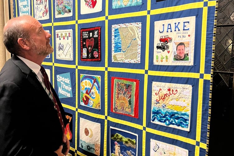 The team behind the Cornwall Speak Their Name Suicide Memorial Quilt have been invited to exhibit their work to Cornwall Council's Towards Zero Suicide event on Thursday, November 13, 9am to 4.30pm in the Pavilion Conference Centre, at Royal Cornwall Showground, Wadebridge. A a short presentation on Speak Their Name will be given and the quilt exhibited should anyone wish to view it and learn more about what is going on throughout Cornwall by a community of people to reduce suicide. Booking via Cornwall Council. Picture is Labour MP for Camborne and Redruth Perran Moon studying the quilt. 