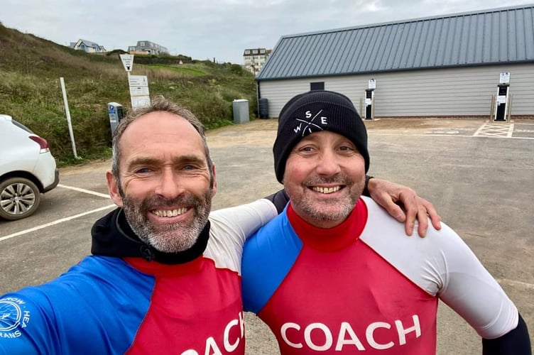 Tim Stevens (right) alongside his mentor Pete Smith joined the Help for Heroes Coaching Academy and completed his Level One Surf Coaching qualification