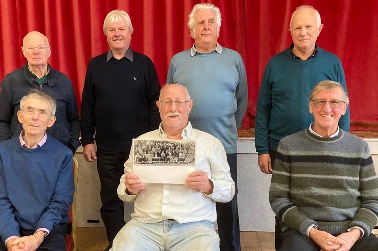 Back row: Keith Prance, Malcolm Wright, John Cann. Front: Derek Cann, Bert Cole (with the school picture), Alan Balsdon. Raymond Vanstone formerly from Berridon Farm Bradworthy also joined the School Chums.