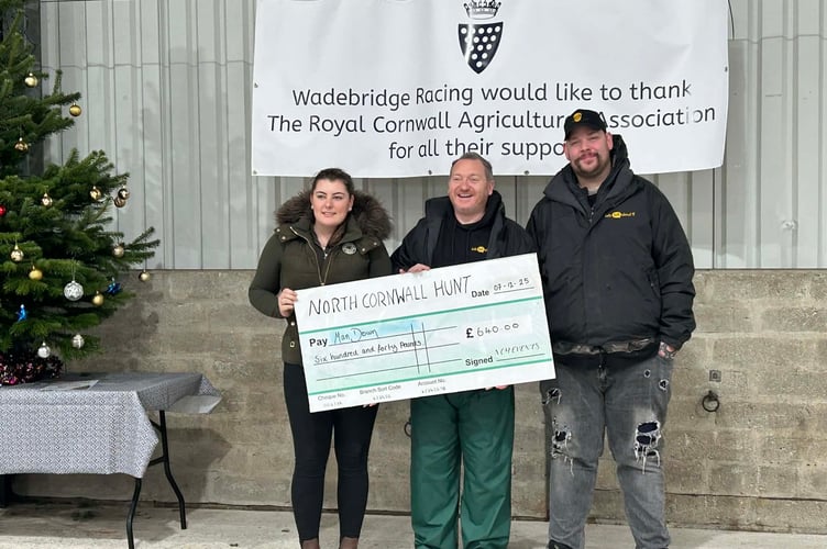 The chair of North Cornwall Hunt Supporters’ Club, pictured with Darren Collins and Liam Westpfel from Man Down. (Picture: North Cornwall Hunt Supporters Club)