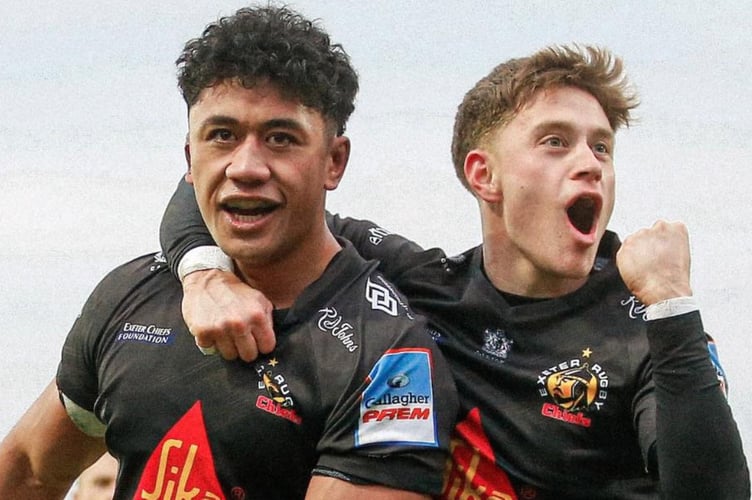 Exeter Chiefs try-scorers Greg Fisilau and Stephen Varney celebrate their side's Gallagher Premiership victory over Leicester Tigers