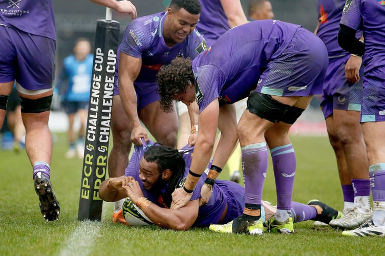 South African hooker Joseph Dweba celebrates scoring for Exeter Chiefs in their European Challenge Cup win against Cardiff Rugby