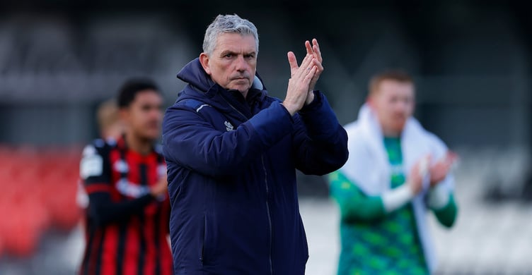 Dejection for John Askey, Manager of Truro City after the National League match between Truro City and Braintree Town at Truro Sports Hub Stadium, Truro on 28 February 2026 (Photo: Phil Mingo/PPAUK)