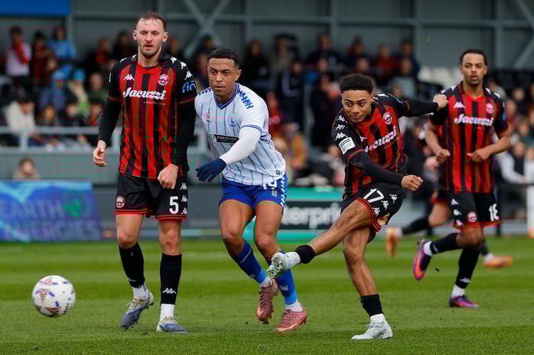 Caleb Roberts of Truro City has a shot at goal during the National League match between Truro City and Hartlepool United at Truro Sports Hub Stadium, Truro on 14 March 2026 (Photo: Phil Mingo/PPAUK)