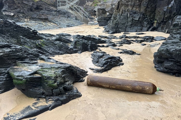 The offending cylinder found at Trevone Bay (Picture: HM Coastguard)