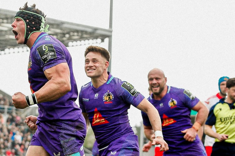 Exeter's Ross Vintcent celebrates scoring his try in his side's European Challenge Cup victory over Munster (Picture: Exeter Chiefs)